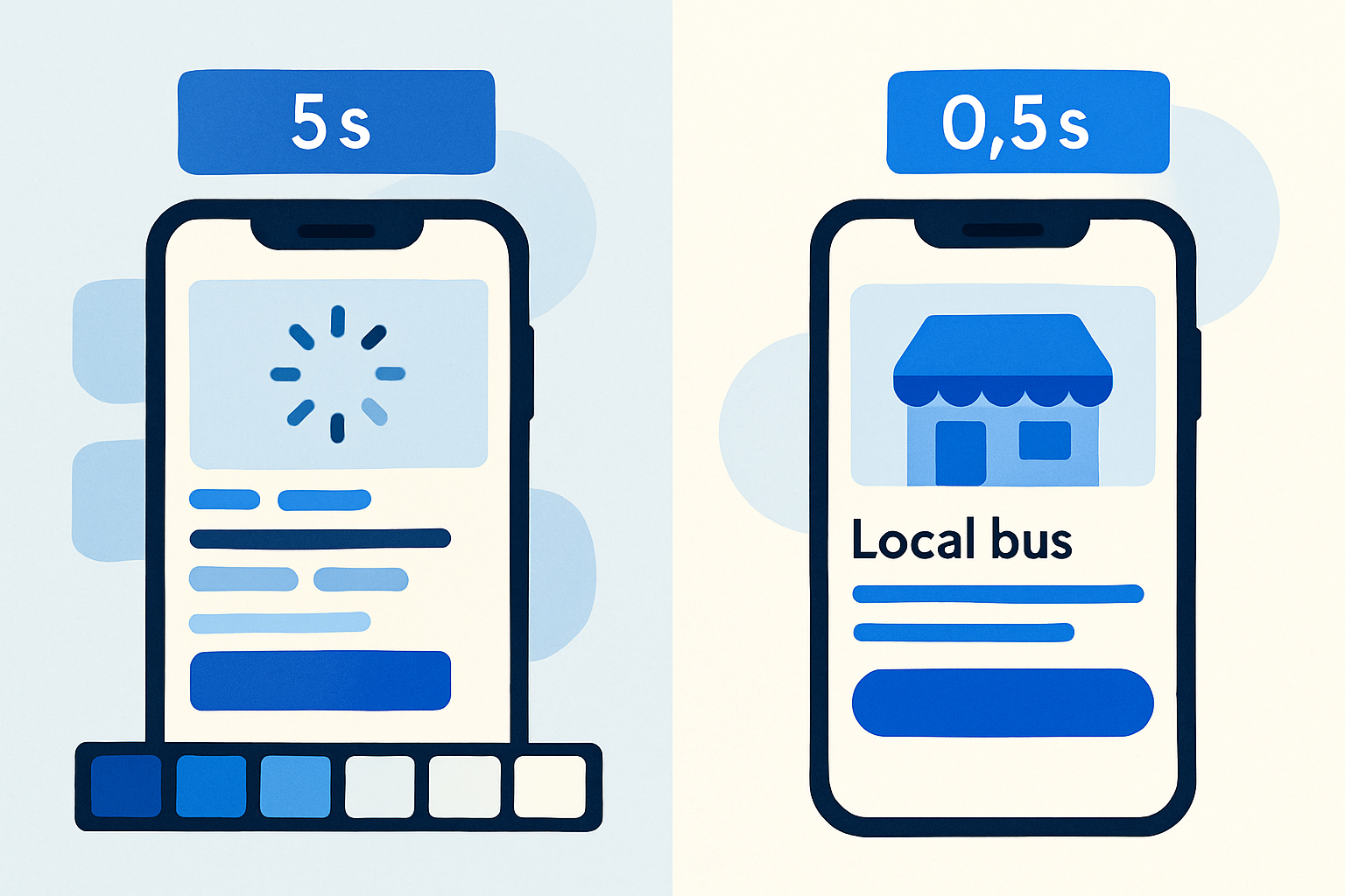 Side-by-side phones showing a slow 5-second load versus a fast 1.2-second load of a local business site, with performance metrics overlaid.