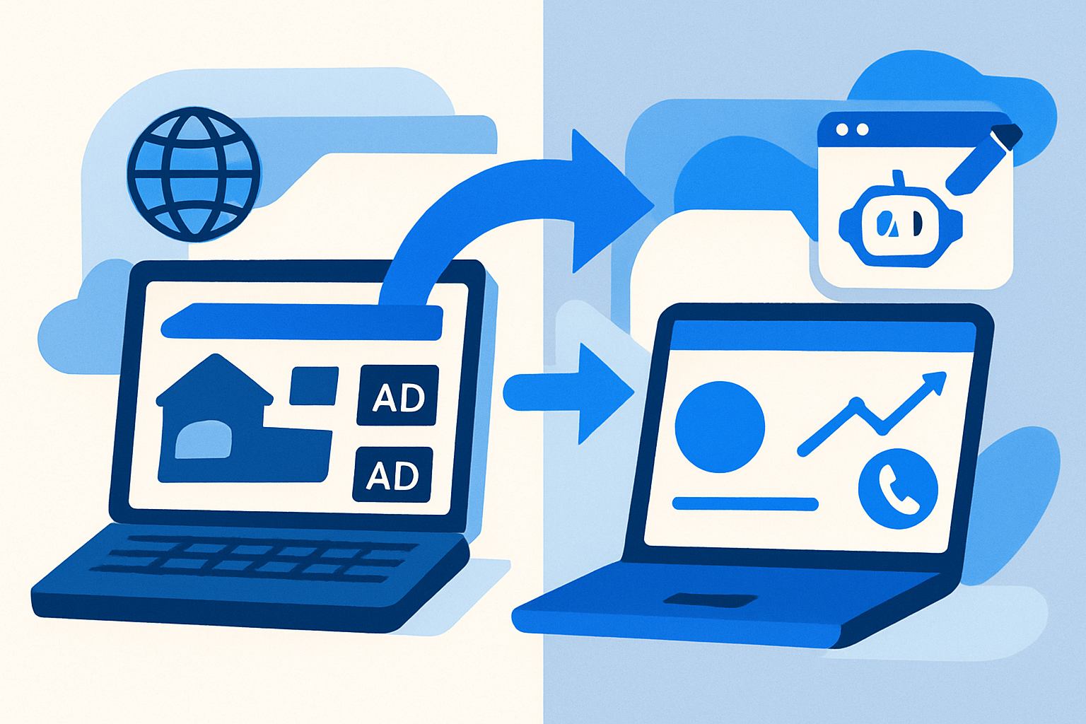 Comparison of a free subdomain website with ads versus a clean custom-domain site with analytics and call tracking.