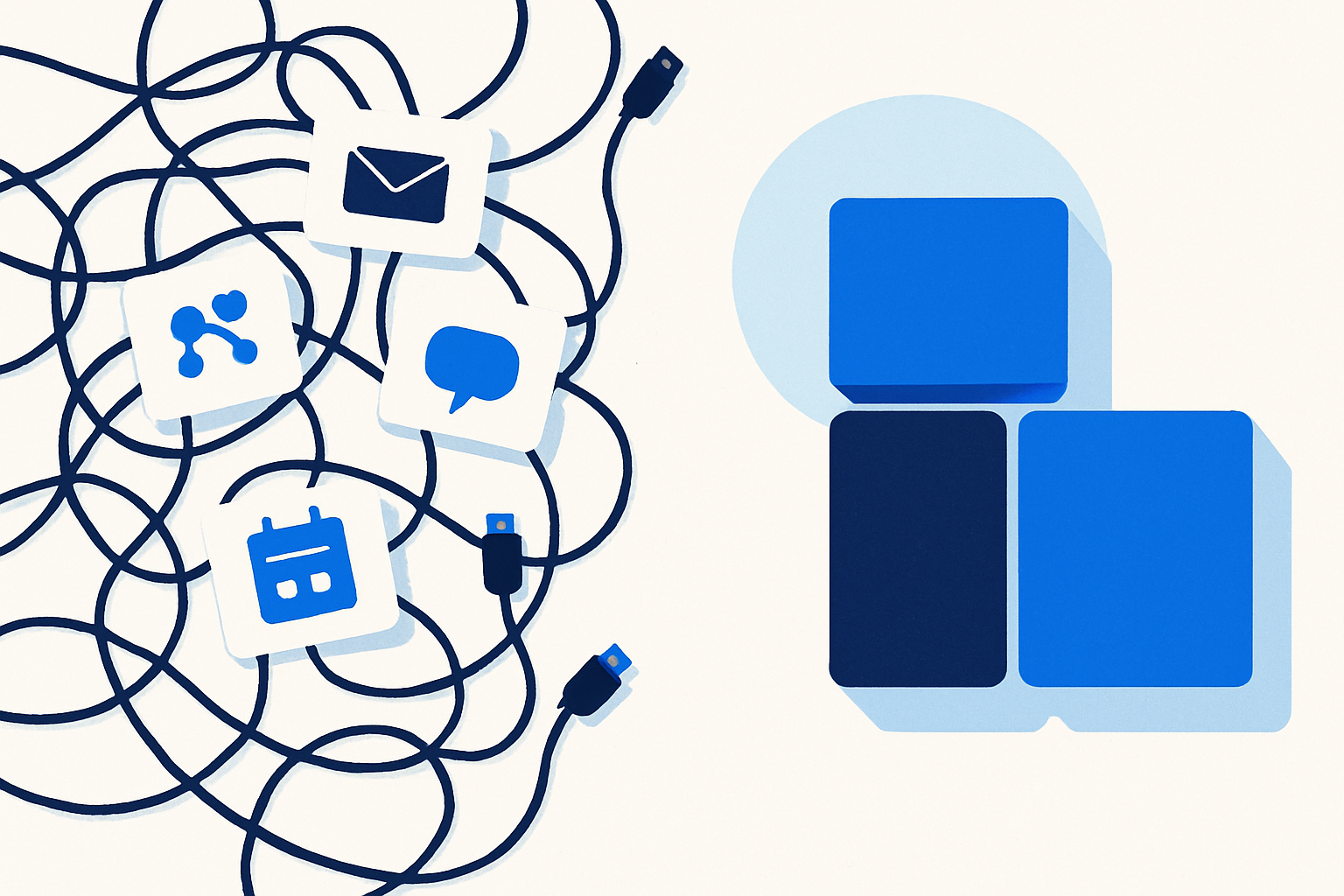 A messy spread of overlapping tools transformed into a minimal, consolidated tech stack.