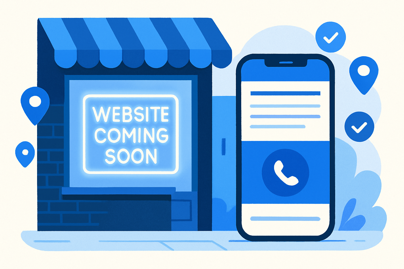 A local shopfront morphing into a mobile phone showing a new website with a tap-to-call button and map pins indicating increased visibility.
