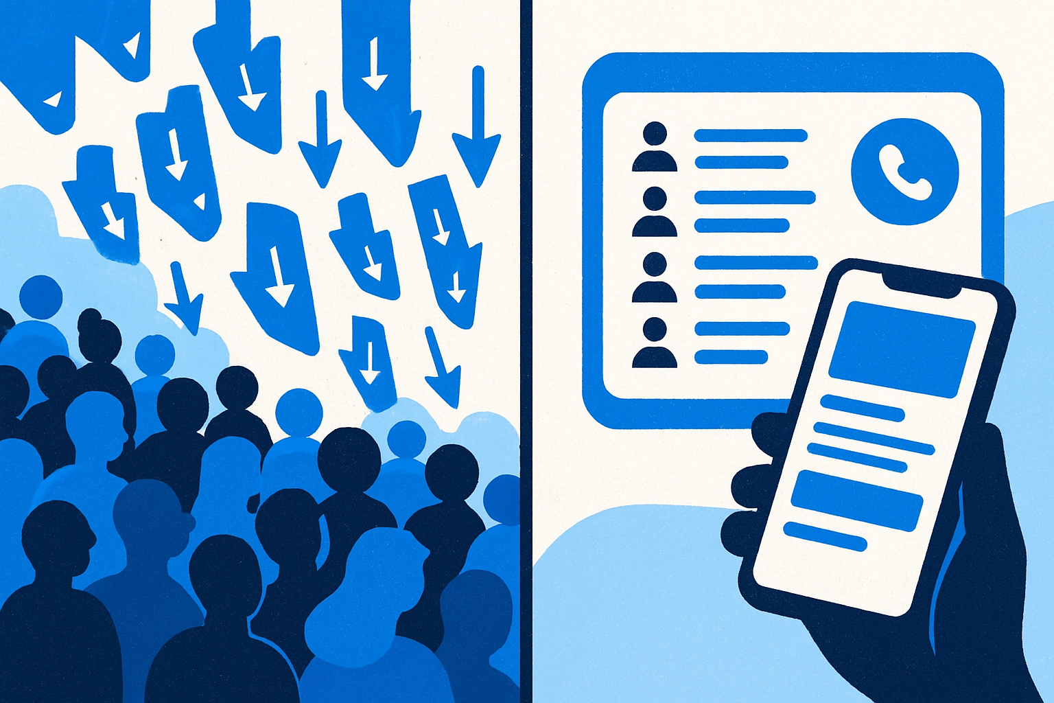 Split image showing marketplace bidding chaos vs. a focused direct outreach pipeline with a live mobile site draft.