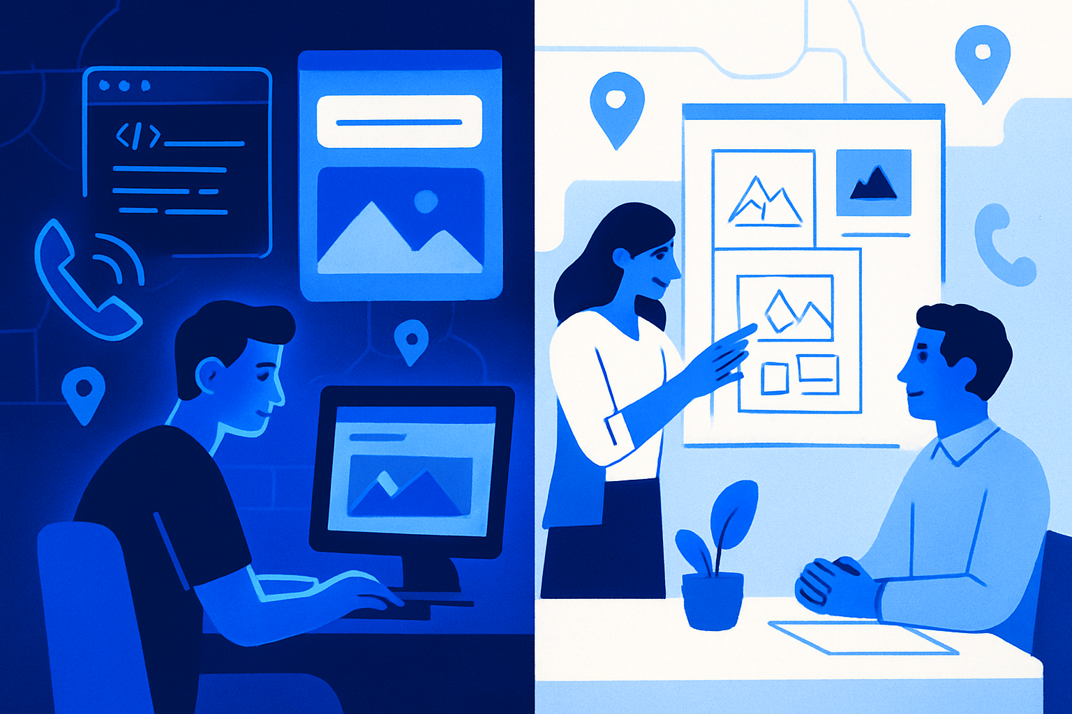 Split-screen of an AI-powered vibe coder shipping a site fast and a traditional designer running a brand workshop, both targeting local business clients.