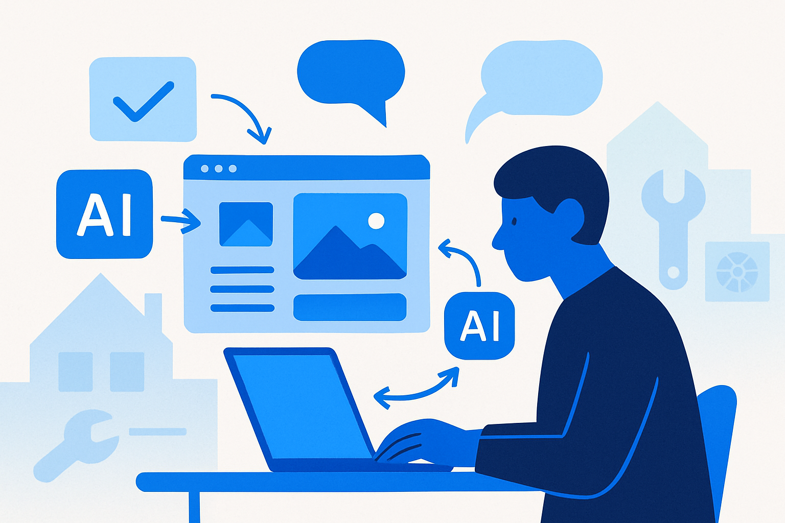 A solo AI-native builder orchestrating web design tools to generate a live site, with outreach checklists and local trade icons in the background.