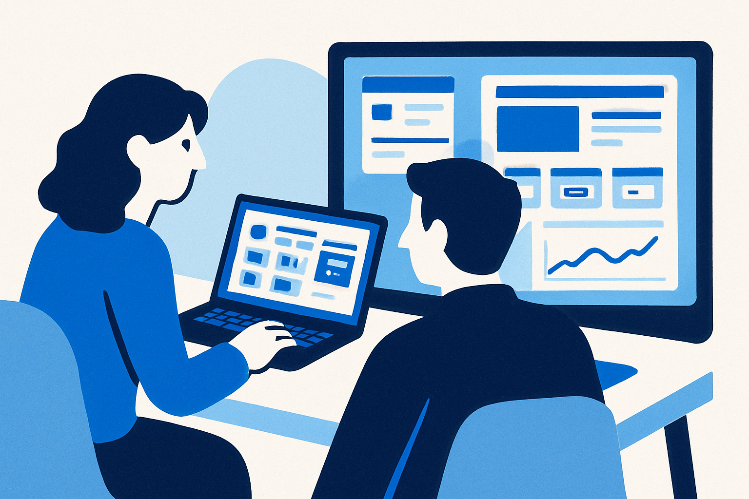 Two-person AI-native web design team reviewing qualified local leads and an AI-built website draft alongside a simplified P&L chart.