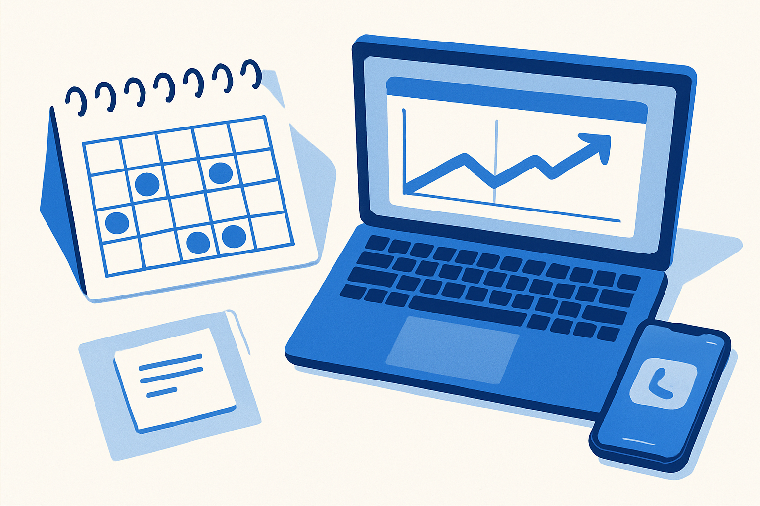 Top-down view of a calendar with client check-ins, a laptop showing web metrics before/after, and a phone with a scheduled client review call.