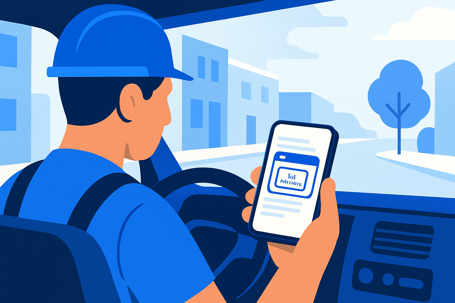 Local business owner in a work van reading a short cold email on a smartphone showing a website issue screenshot.