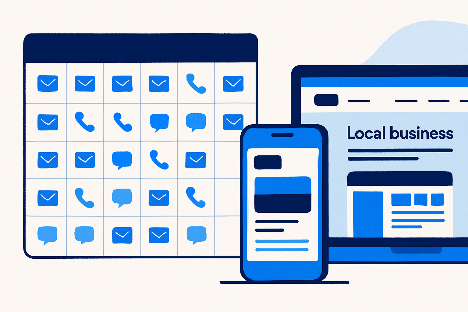 A 21-day follow-up calendar with email, call, and SMS icons alongside a draft local business website on mobile and desktop.
