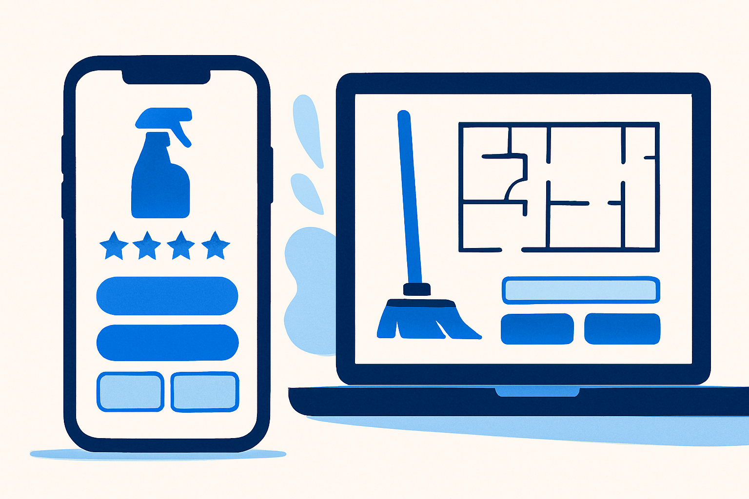 Mobile and desktop mockups of a cleaning company website showing tap-to-call, reviews, and a price calculator.