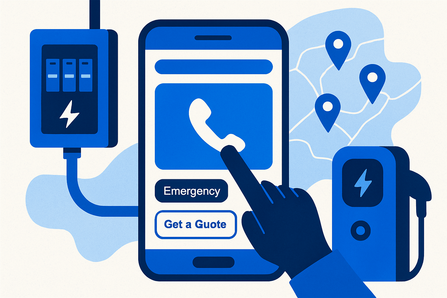 Mobile electrician website mock showing tap-to-call and emergency vs. project CTAs over a local service area map.