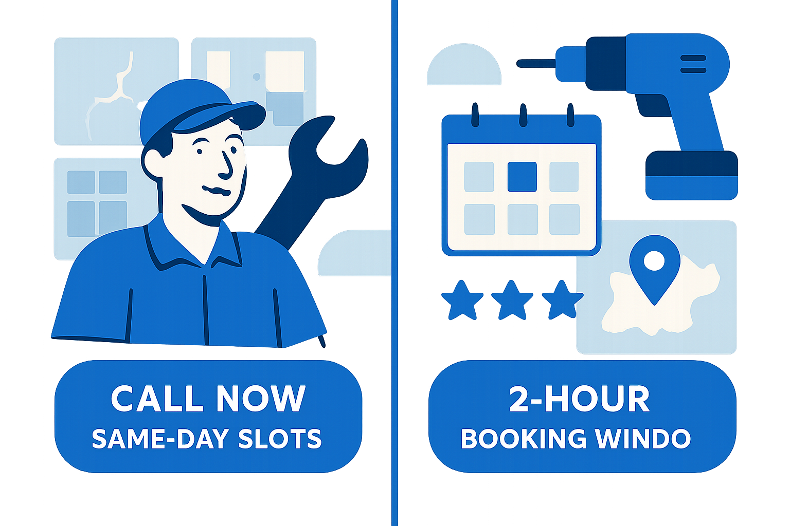 Mobile-first handyman website hero showing a Call Now button and a 2-hour booking calendar side-by-side, with reviews and a small service area map.