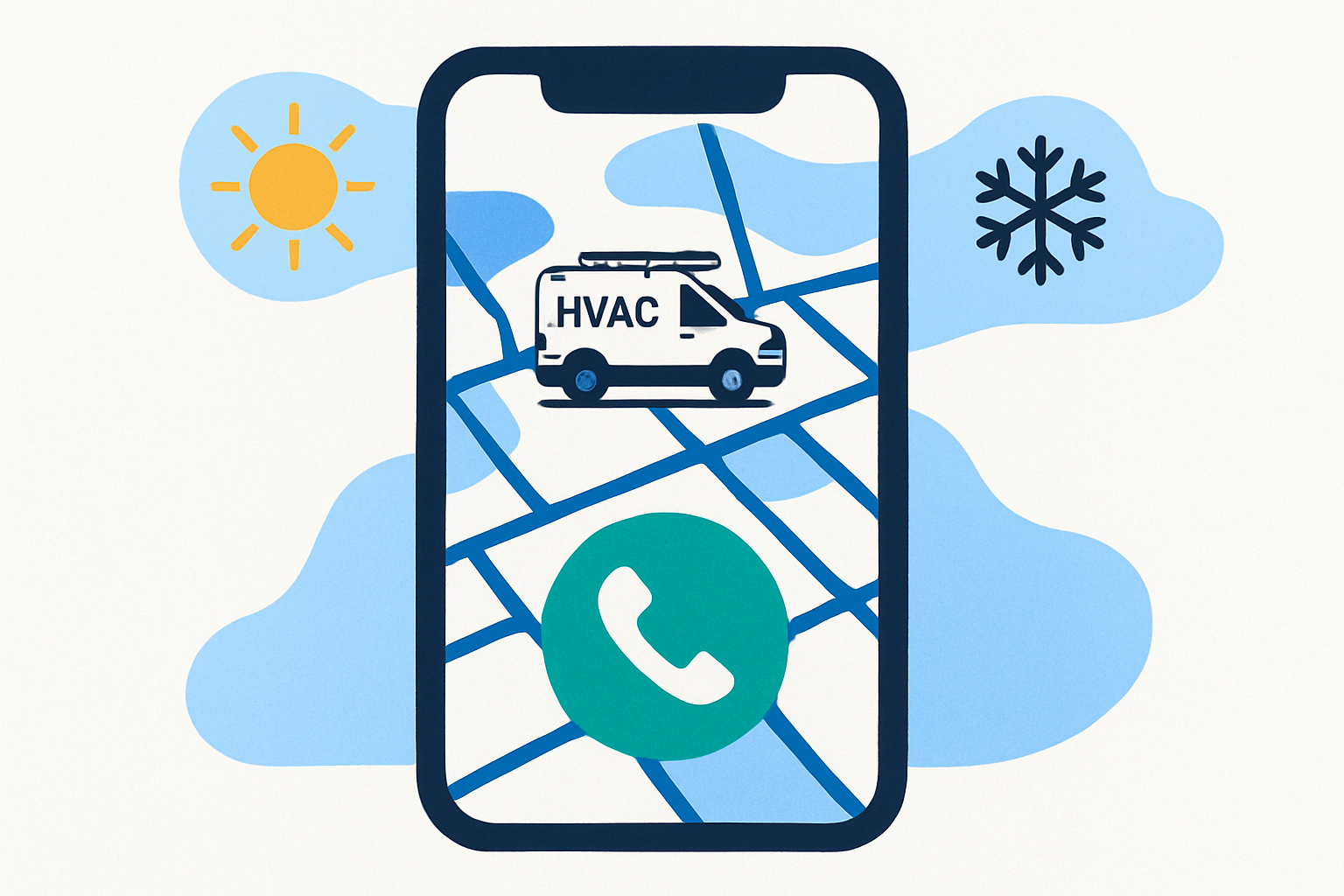 Mobile HVAC website mockup with click-to-call button and service area map showing an HVAC van, with seasonal weather icons.