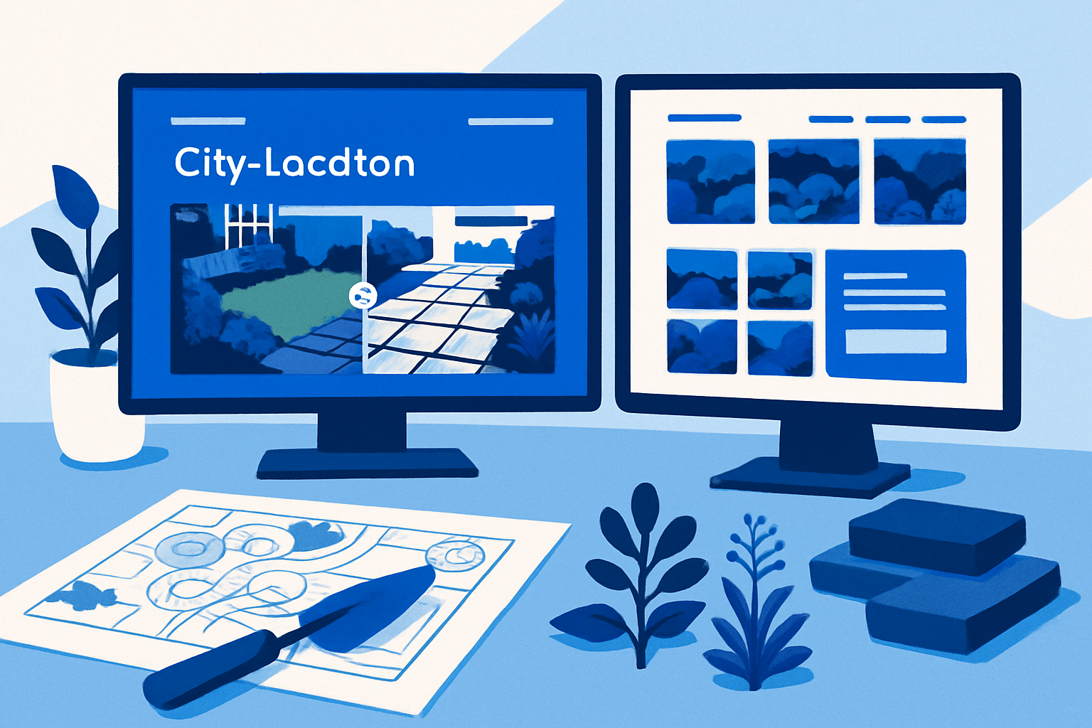 A desktop with a landscaper website draft on screen showing a hero section, before/after slider, gallery, and booking widget beside landscaping tools and plans.