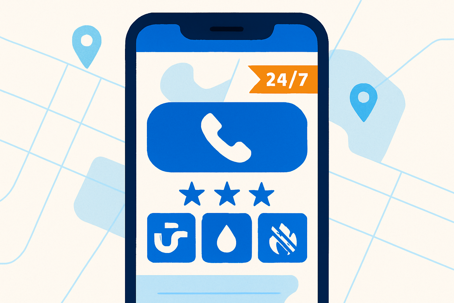 Mobile plumber website hero with a tap-to-call bar, 24/7 ribbon, trust stars, and emergency triage buttons against a city map backdrop.