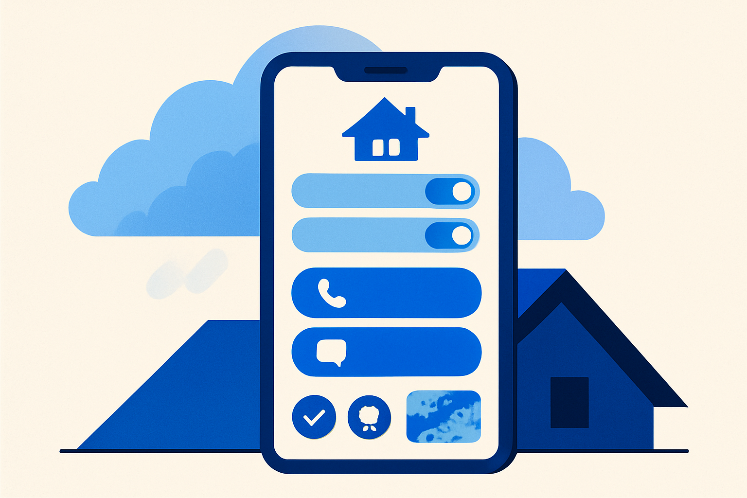 A modern roofing website on a phone with emergency call-to-action and financing option beside a house roof and storm clouds.