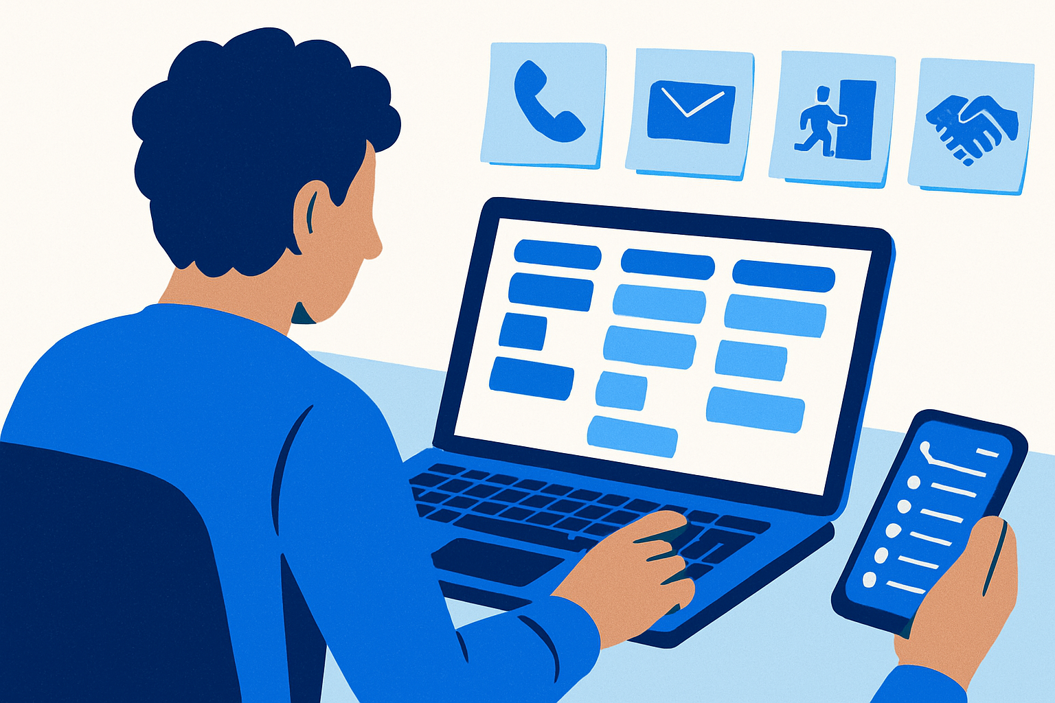 A designer’s desk showing a lead pipeline, outreach notes, and a phone call log for web design prospecting.