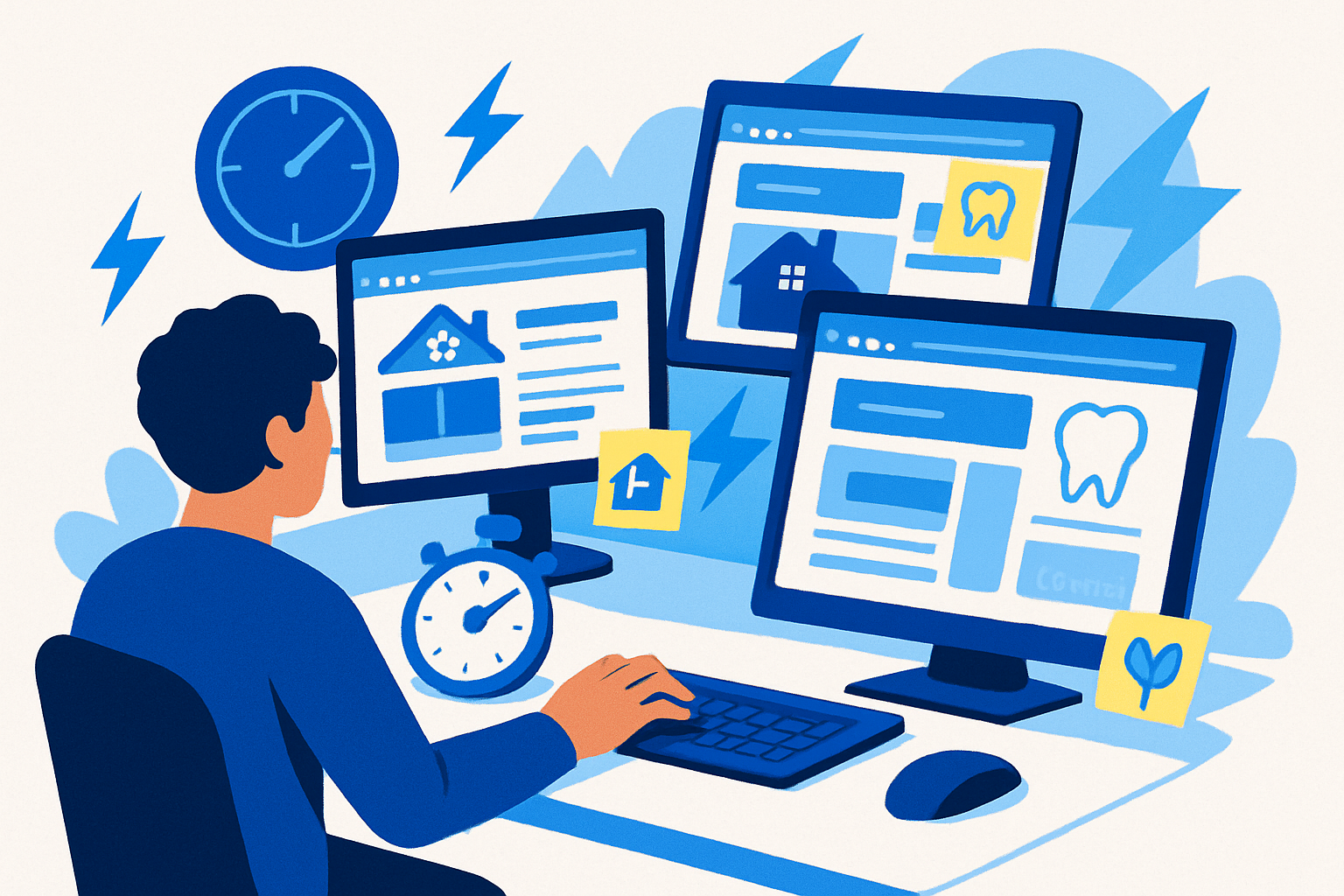 Designer rapidly assembling three local-business website mockups labeled as concept redesigns