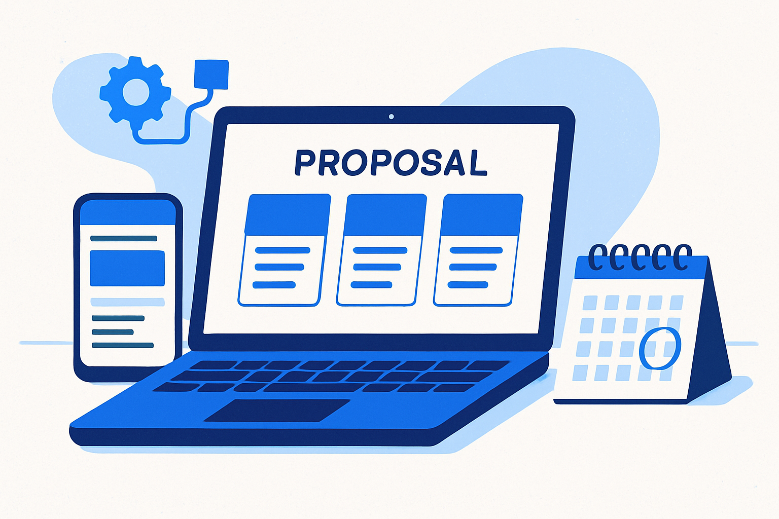 One-page web design proposal on a laptop with three pricing options, a phone showing a live draft preview, and a calendar deadline.