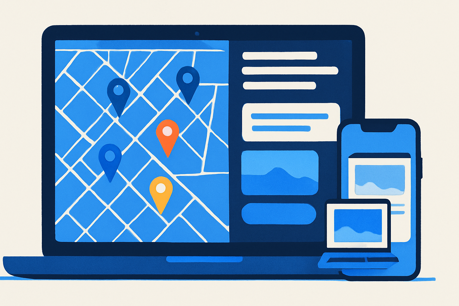An AI-native builder’s dashboard showing scored local businesses, an audit panel, and a live demo preview on laptop and phone.