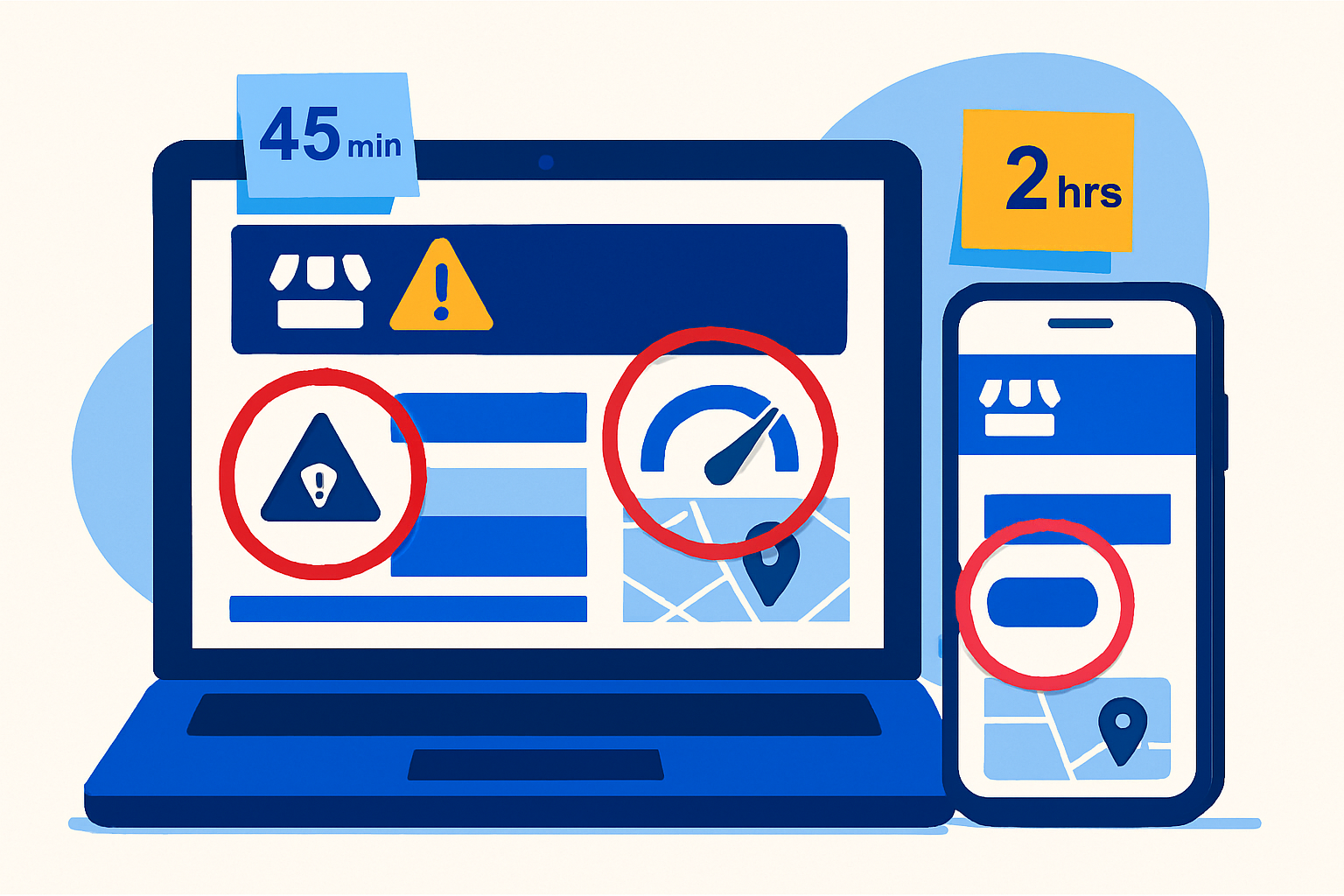 Laptop and smartphone showing a local business website with highlighted issues and quick fix time estimates.