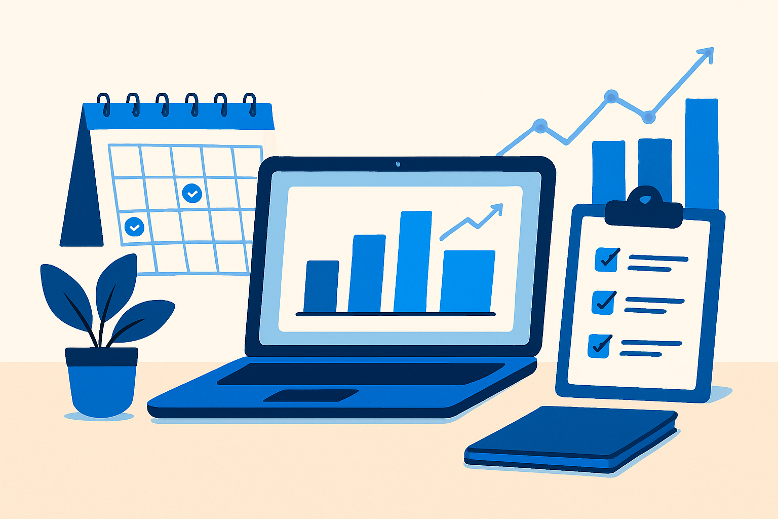 Illustration of a web agency workspace with a laptop displaying tiered website maintenance plans and a recurring tasks calendar.