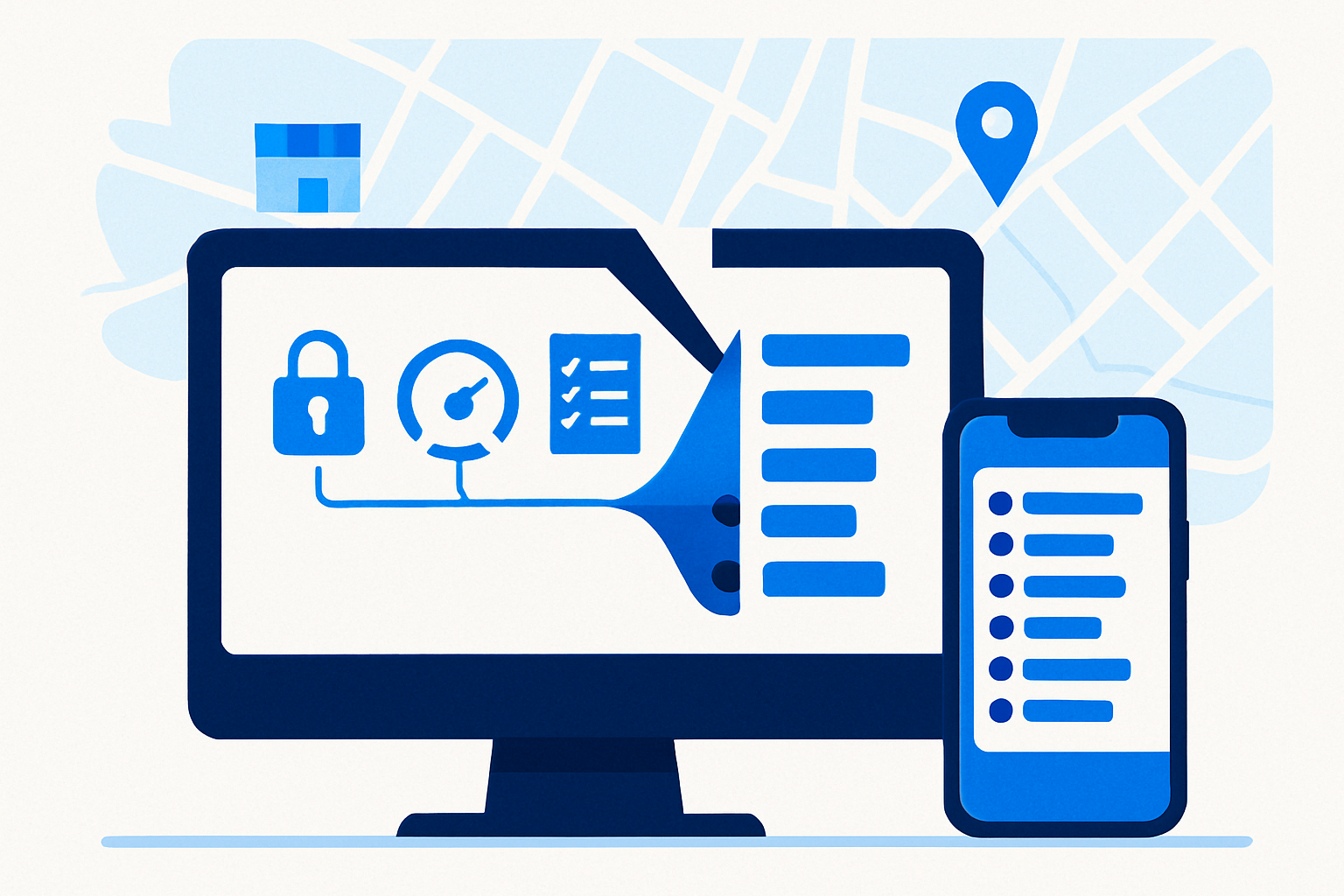 Dashboard visualizing website health signals combining into a prioritized lead score list for local businesses.