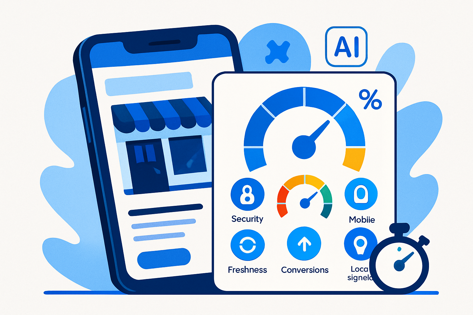 Composite website quality score dashboard overlaying a local business site on mobile with gauges for security, mobile, speed, content, conversions, and local signals.
