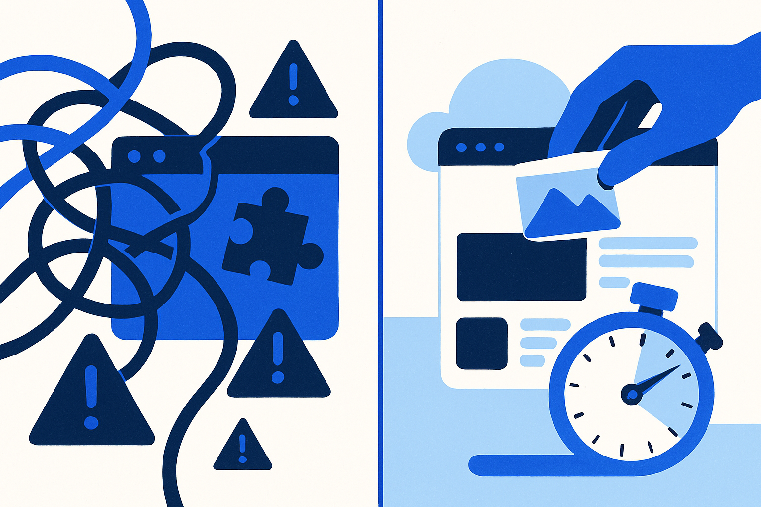 Split view of a messy legacy website stack contrasted with a clean, fast AI-built site assembled in hours.
