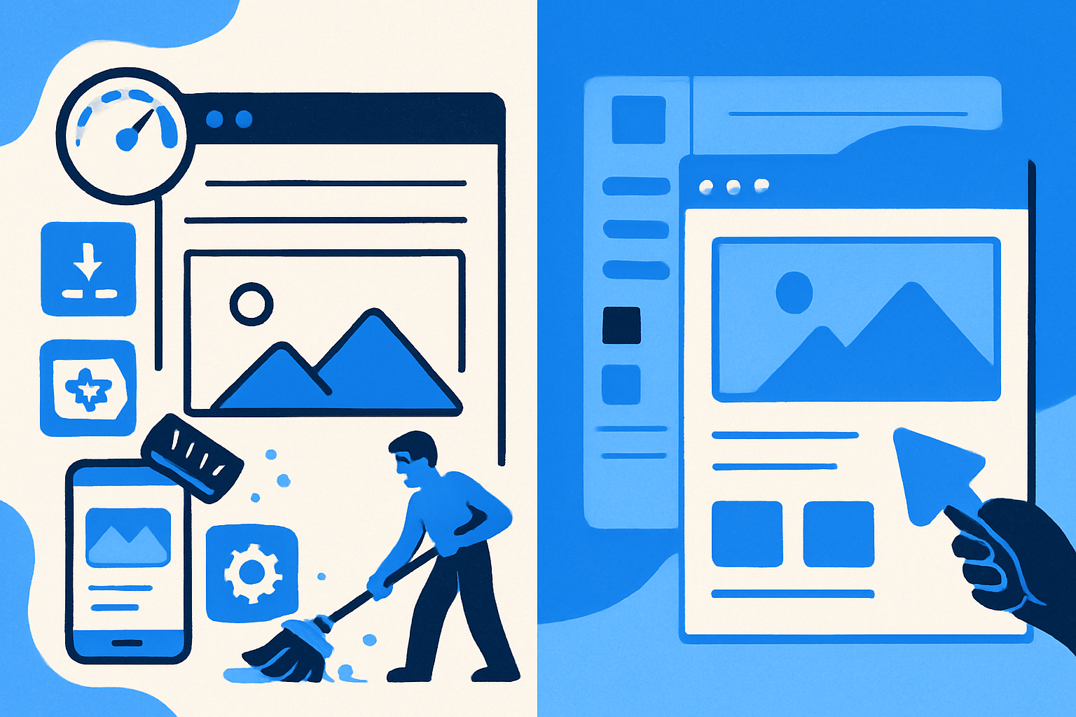 Split-screen concept showing a quick website refresh on one side and a full redesign blueprint on the other.