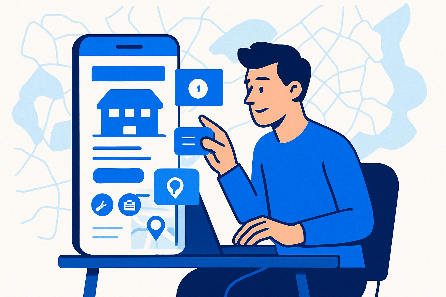 An AI‑native web builder quickly assembling a mobile‑first local business website with map, services, and call‑to‑call buttons.