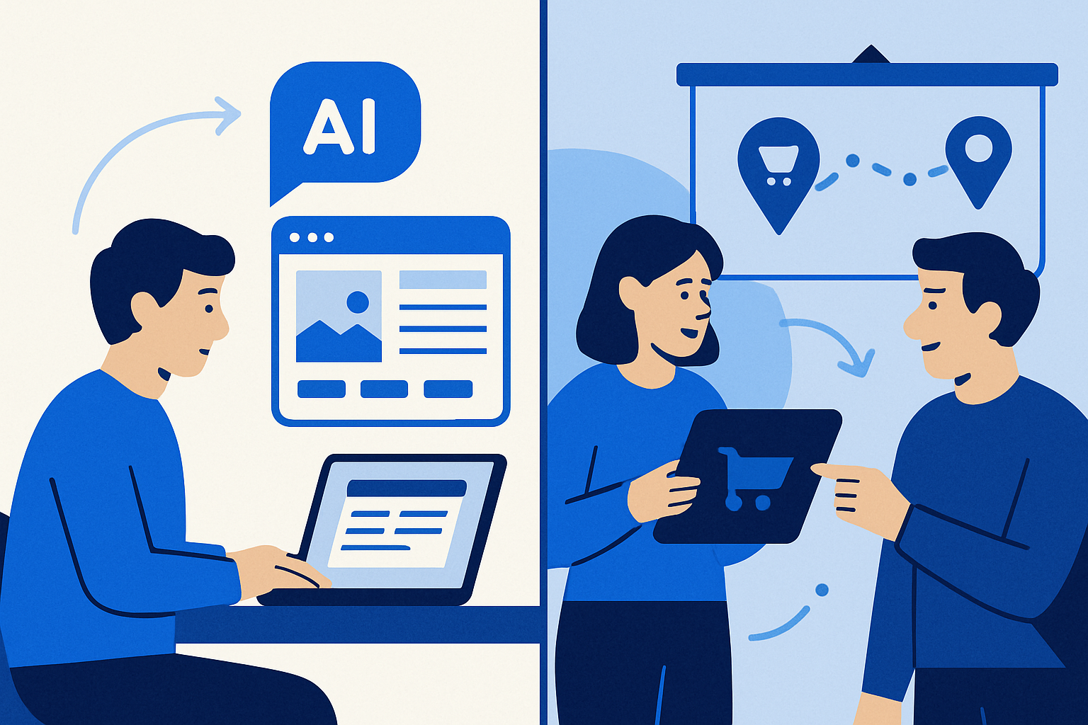 Solo AI-native designer prototyping a site, handing off complex modules to a white-label partner team with a visible QA checklist.