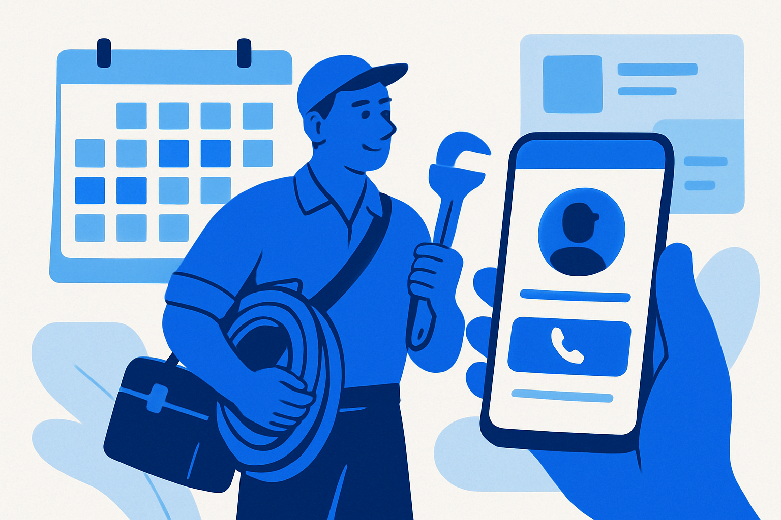 A smartphone showing a clean local business website with a big call button, next to a busy tradesperson’s calendar—illustrating how a site catches referrals.